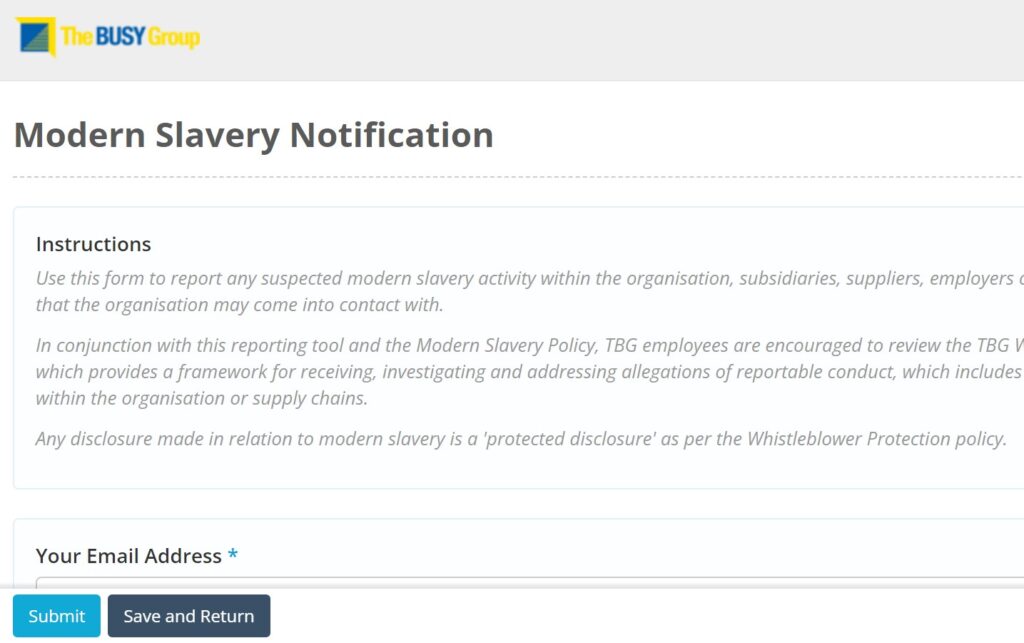 Modern Slavery Reporting Tool - web page preview